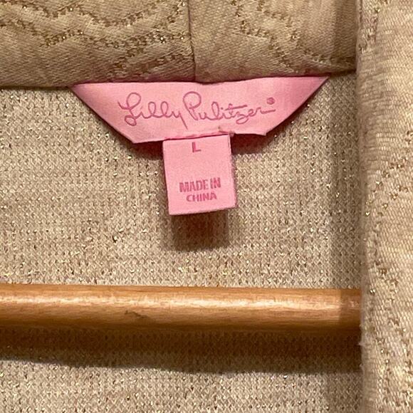 Lilly Pulitzer Brea Wrap Cardigan L | Gold Lurex Jacquard Shawl Collar, Open - Picture 4 of 5